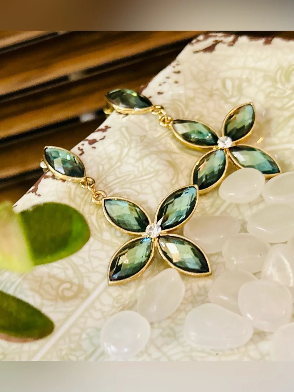 Gold Tone Drop Earrings with Teal Marquise Crystals - Elegant Floral Design